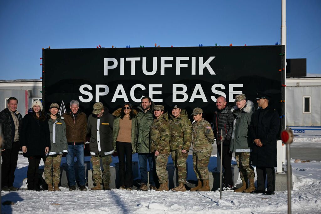 U.S. Vice President JD Vance and second lady Usha Vance pose with personnel at the US military's Pituffik Space Base in Greenland on March 28, 2025.