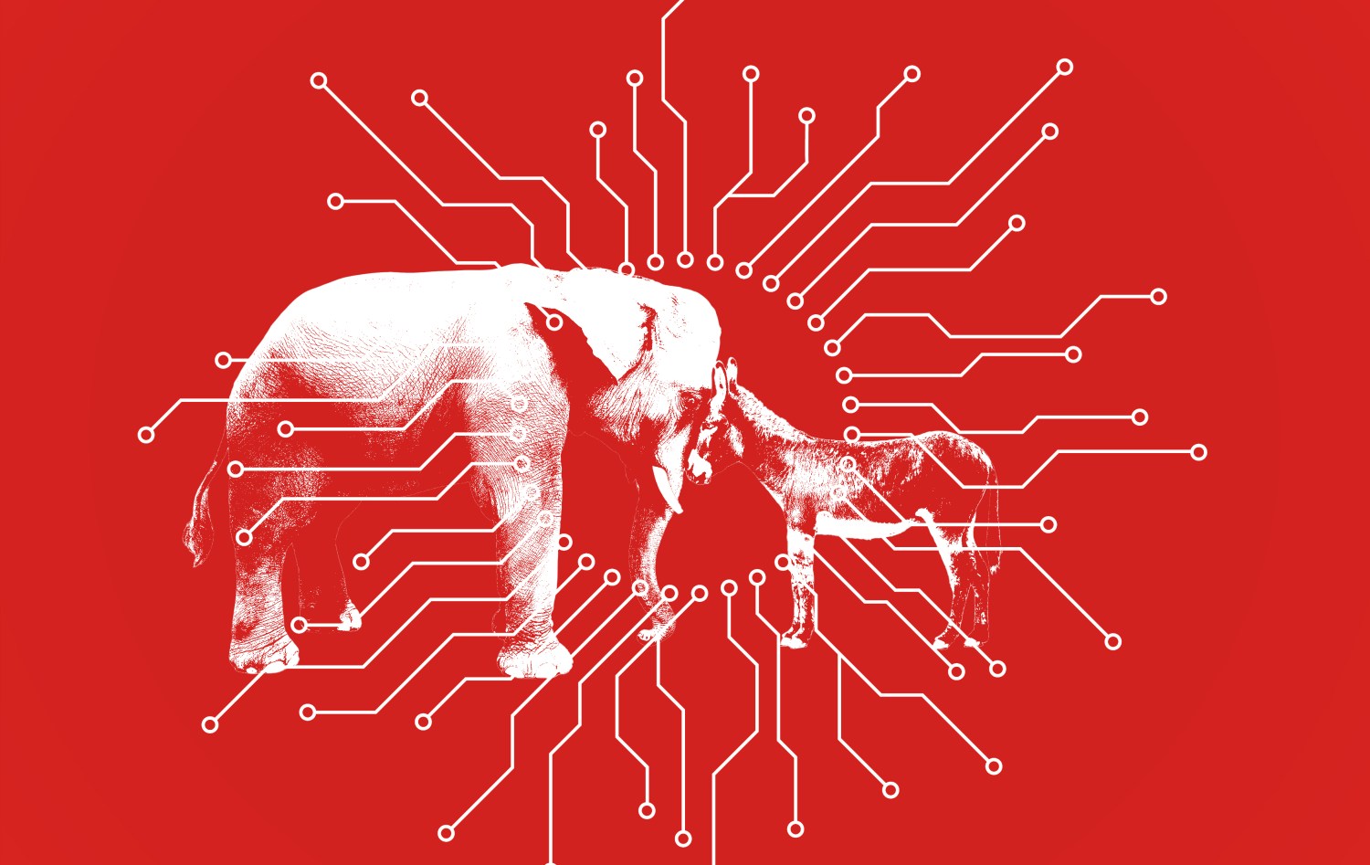 An elephant and a donkey connected by circuit board patterns on a red background, symbolizing the intersection of technology and politics.