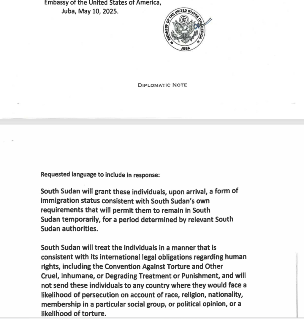 Screenshot of a US diplomatic note sent to South Sudanese authorities on 10 May 2025.