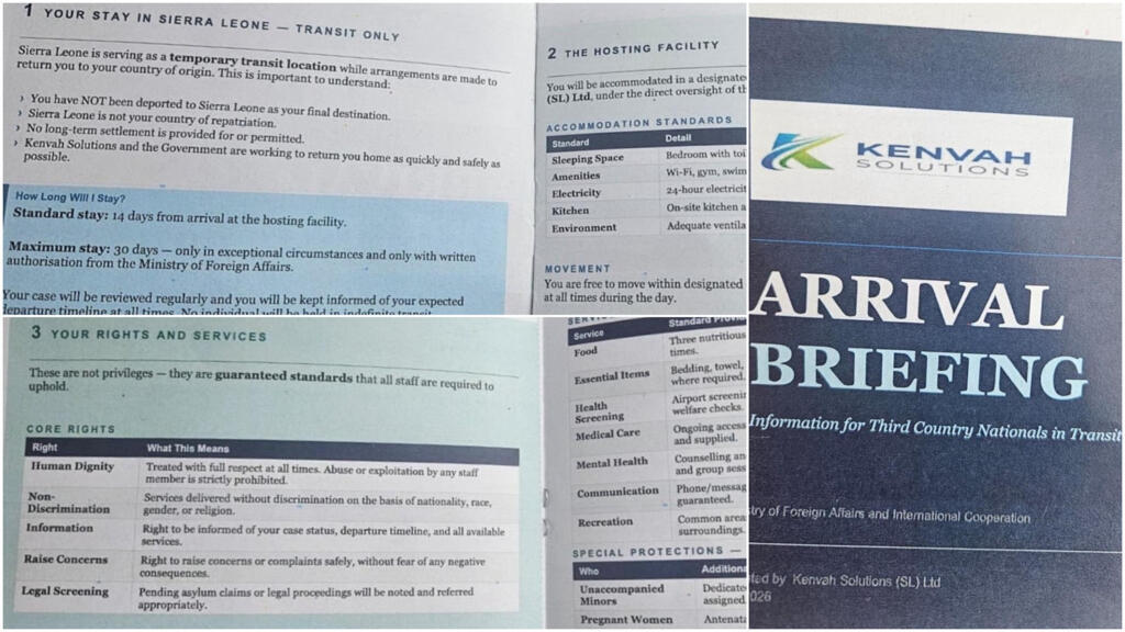 The Information for Third Country Nationals in Transit leaflet given to deportees on their arrival in Freetown, Sierra Leone.