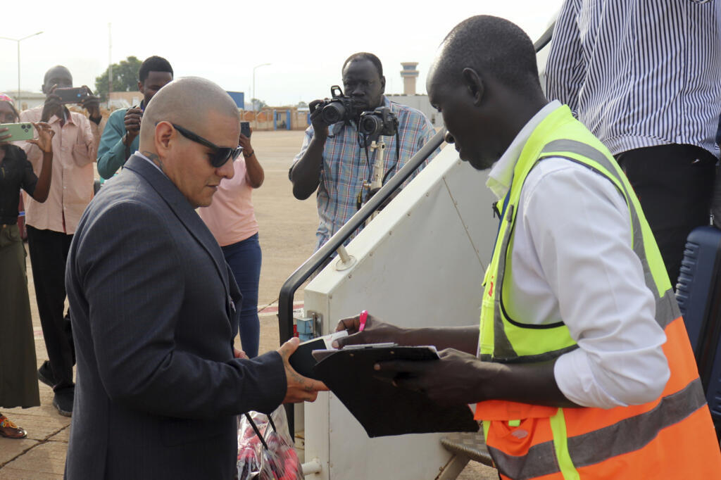 Mexican migrant Jesus Munoz Gutierrez, who was deported from the US to South Sudan as part of its immigration crackdown, is repatriated to Mexico from Juba airport on 6 September 2025.