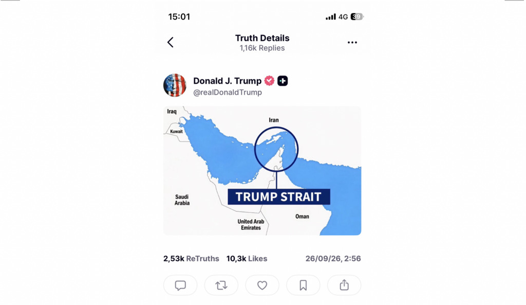 A screenshot from US President Donald J. Trump's "Truth Social" media where he has renamed the Strait of Hormuz "Trump Strait."