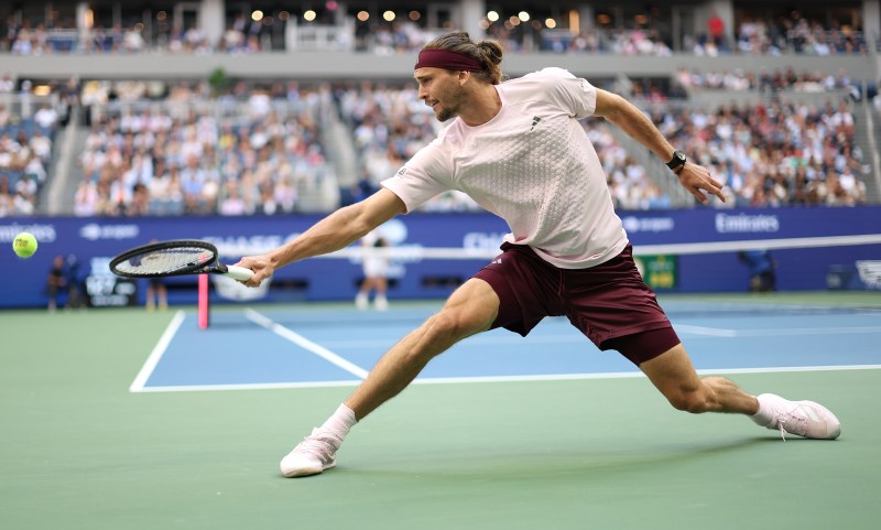 NEW YORK, NEW YORK - SEPTEMBER 13: Alexander Zverev of Germany in action against Ben Shelton of the United States in their Men's Singles Final match on Day Fifteen of the 2026 US Open at USTA Billie Jean King National Tennis Center on September 13, 2026 in the Flushing neighborhood of the Queens borough of New York City. (Photo by Julian Finney/Getty Images)