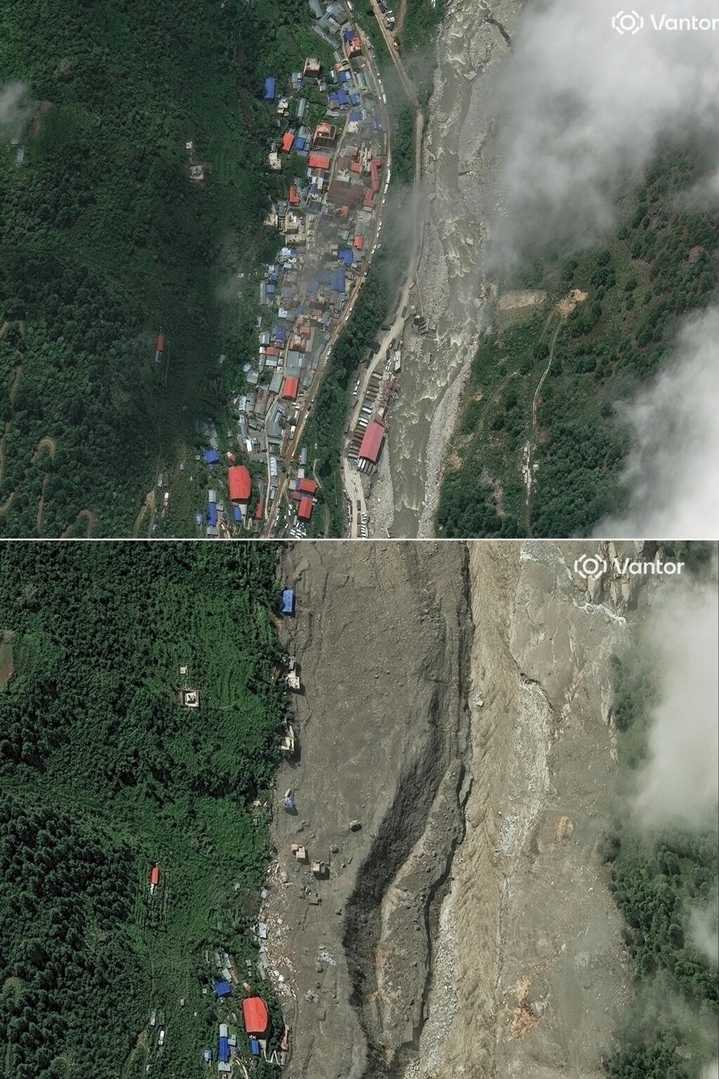 (COMBO) This combination of handout satellite images released by Vantor on August 28, 2026 shows a part of the town of Timure, Nepal on July 1, 2026 (top) and on August 28, 2026 (bottom) after the floods. The number of people missing in Nepal and China surpassed 2,400 August 28, underscoring the scale of the disaster days after a tsunami-like wall of water and debris swept away villages and killed hundreds. Rescuers were battling through mud even as the threat of new floods loomed, with emergency teams recovering 586 bodies so far -- and some of the dead swept downstream as far away as India.