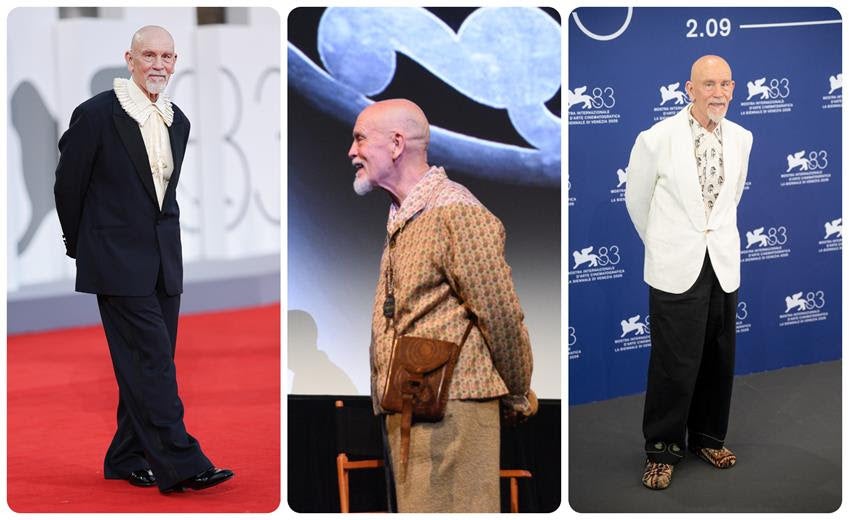 John Malkovich wears Dior, left, and Bode, right at the Venice Film Festival. Center, the actor on stage at the Telluride Film Festival. Source: Getty