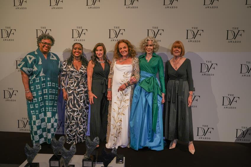 Mia Amor Mottley, Wawira Njiru, Lynsey Addario, Diane Von Furstenberg, Jane Fonda and Gisele Pelicot attend the 2026 DVF Awards photo call during the 83rd Venice International Film Festival at Teatro Goldoni on Sept. 3, 2026.&nbsp;Source: Getty