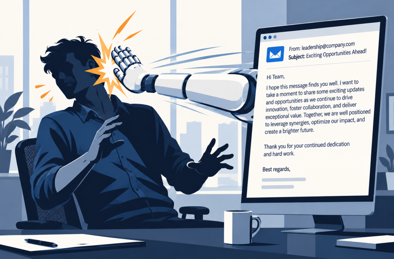 Illustration of a robot arm reaching out of a computer screen to slap an office worker