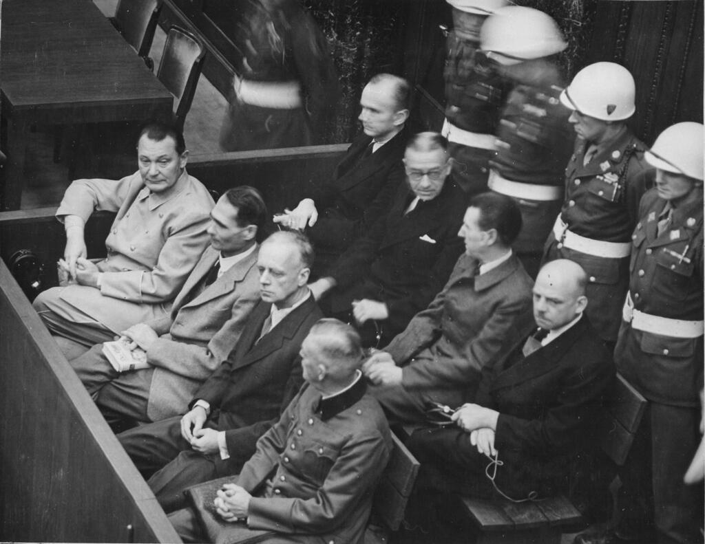 Hermann Göring, Rudolf Hess, Joachim von Ribbentrop ad Wilhelm Keitel in the defendants' box.