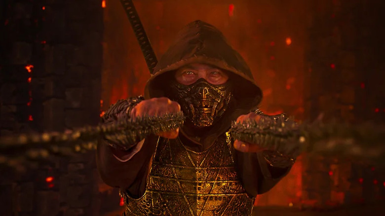 Scorpion yanking on a pain of chains in Mortal Kombat II
